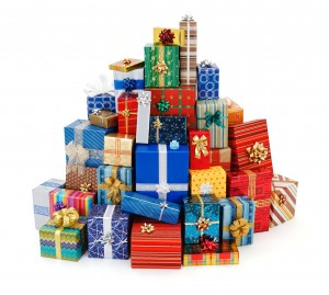 Big stack of colorful Christmas presents