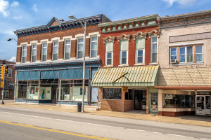 Ornate downtown storefronts in small town in the Midwest